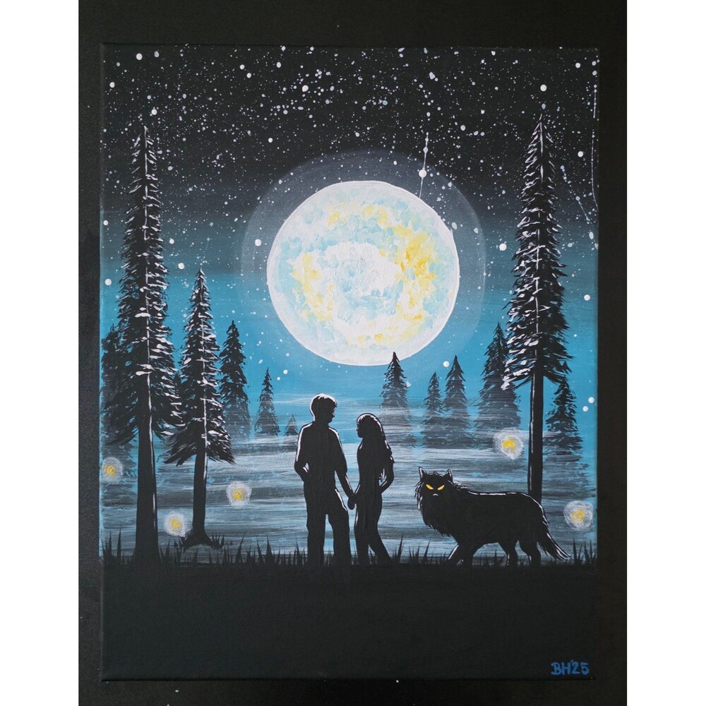 Twilight Romance Couple and Wolf Silhouette - 11x14 Acrylic Painting